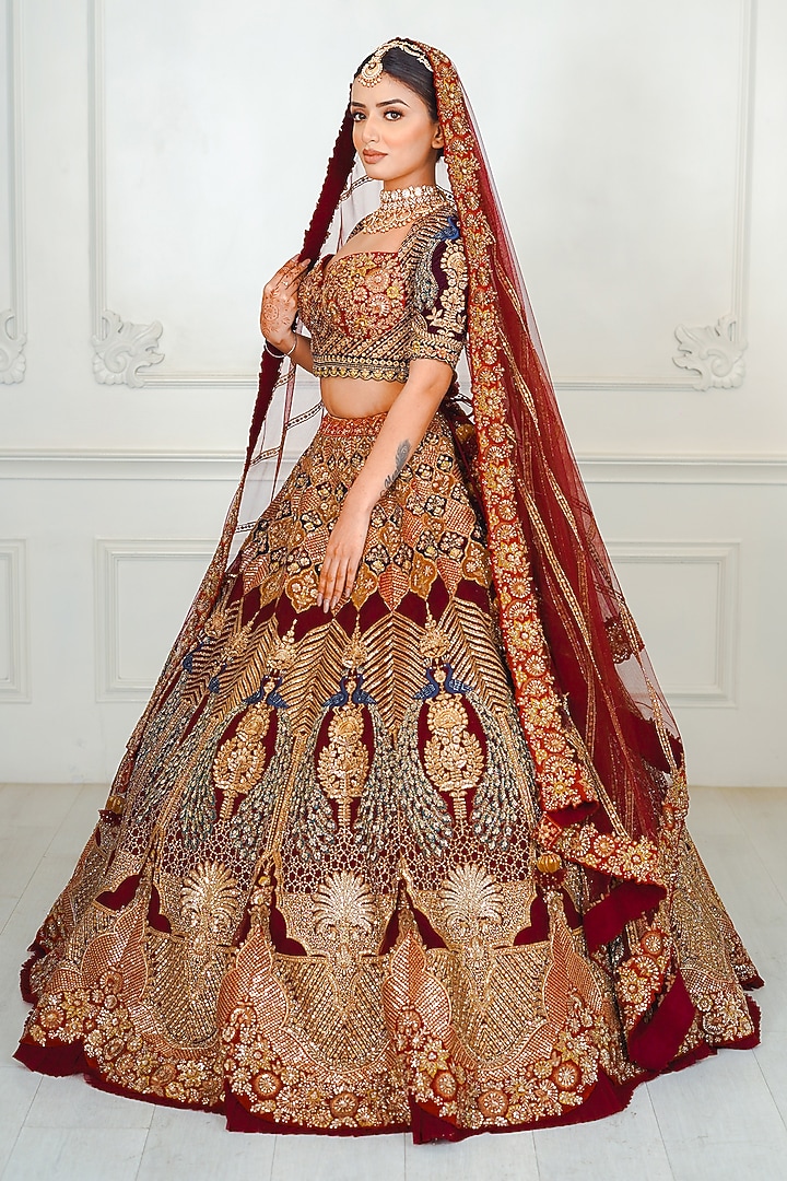 Maroon Net Dabka & Sequins Embroidered Bridal Lehenga Set by Tanaksh at Pernia's Pop Up Shop