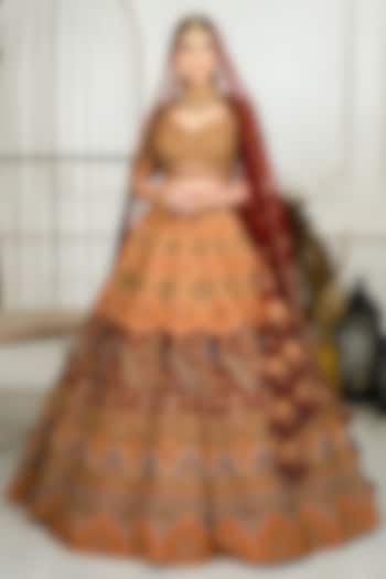 Mustard & Red Net Zardosi Embroidered Bridal Lehenga Set by Tanaksh at Pernia's Pop Up Shop
