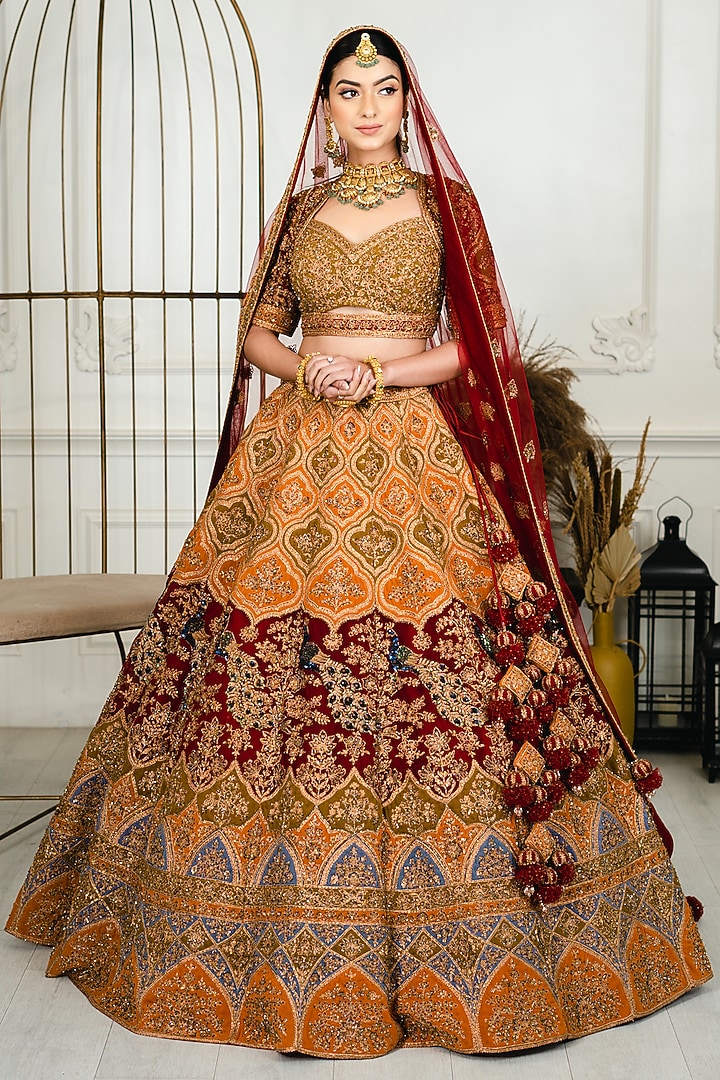 Mustard & Red Net Zardosi Embroidered Bridal Lehenga Set by Tanaksh at Pernia's Pop Up Shop