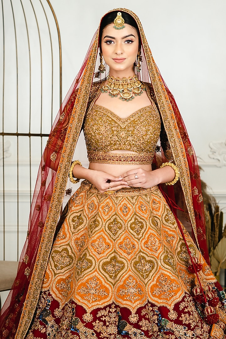 Mustard & Red Net Zardosi Embroidered Bridal Lehenga Set by Tanaksh at Pernia's Pop Up Shop