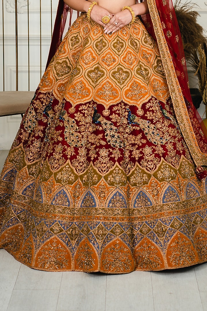 Mustard & Red Net Zardosi Embroidered Bridal Lehenga Set by Tanaksh at Pernia's Pop Up Shop