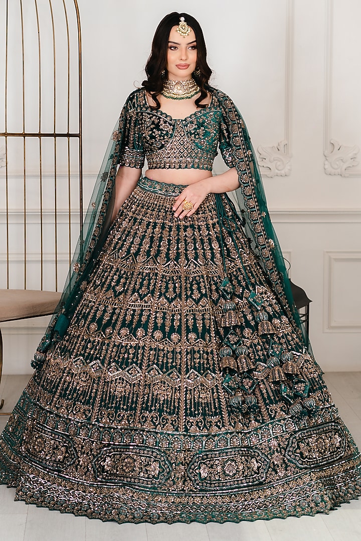 Emerald Green Net Zardosi Embroidered Bridal Lehenga Set by Tanaksh at Pernia's Pop Up Shop