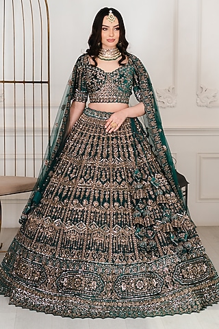 Emerald Green Net Zardosi Embroidered Lehenga Set by Tanaksh