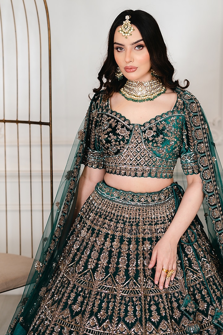Emerald Green Net Zardosi Embroidered Bridal Lehenga Set by Tanaksh at Pernia's Pop Up Shop