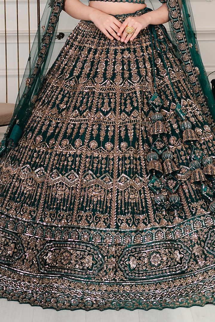 Emerald Green Net Zardosi Embroidered Bridal Lehenga Set by Tanaksh at Pernia's Pop Up Shop