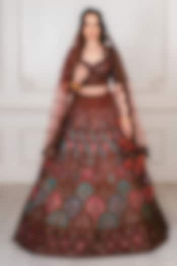 Light Maroon Net Zardosi & Nakshi Embroidered Bridal Lehenga Set by Tanaksh at Pernia's Pop Up Shop