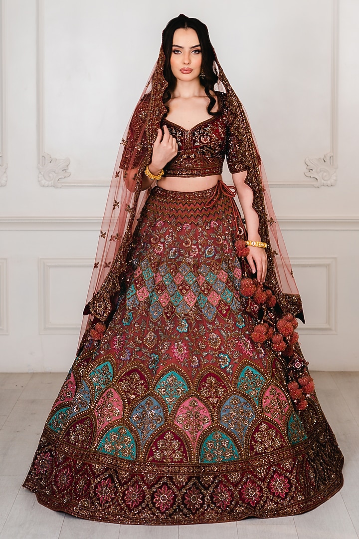Light Maroon Net Zardosi & Nakshi Embroidered Bridal Lehenga Set by Tanaksh at Pernia's Pop Up Shop