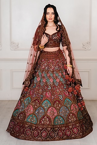 Light Maroon Net Zardosi & Nakshi Embroidered Lehenga Set by Tanaksh
