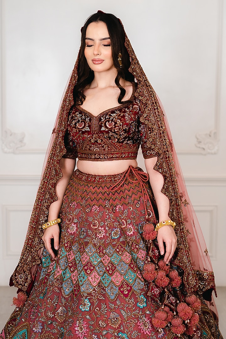 Light Maroon Net Zardosi & Nakshi Embroidered Bridal Lehenga Set by Tanaksh at Pernia's Pop Up Shop