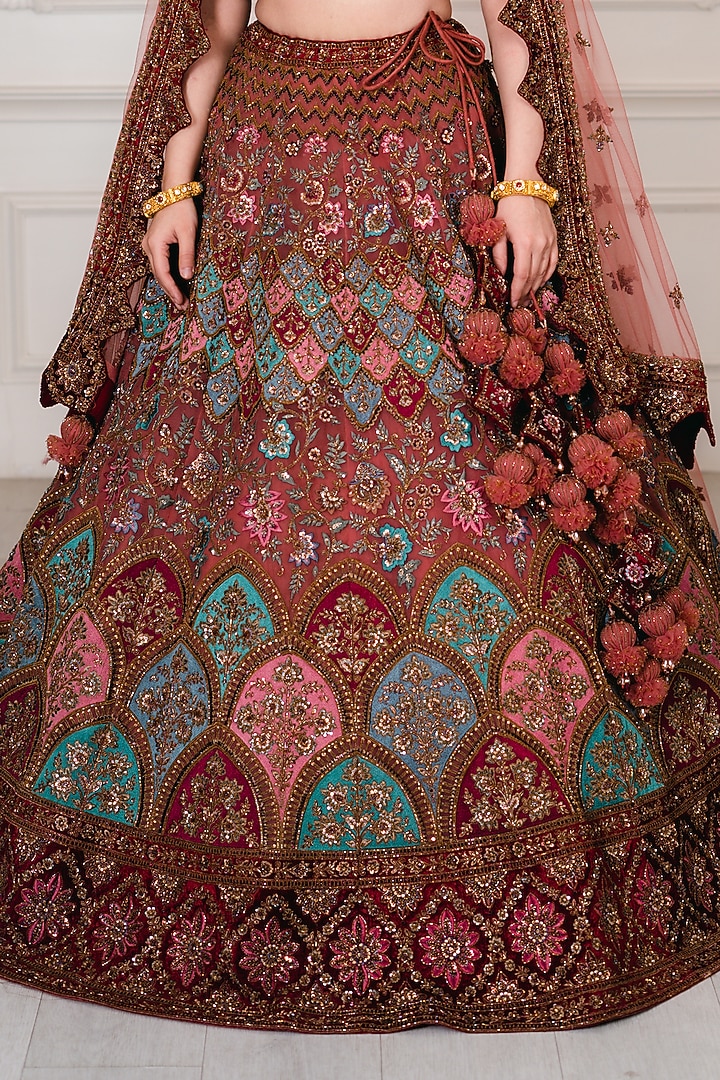 Light Maroon Net Zardosi & Nakshi Embroidered Bridal Lehenga Set by Tanaksh at Pernia's Pop Up Shop