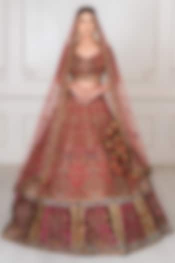 Antique Pink & Wine Net Zardosi Embroidered Bridal Lehenga Set by Tanaksh at Pernia's Pop Up Shop