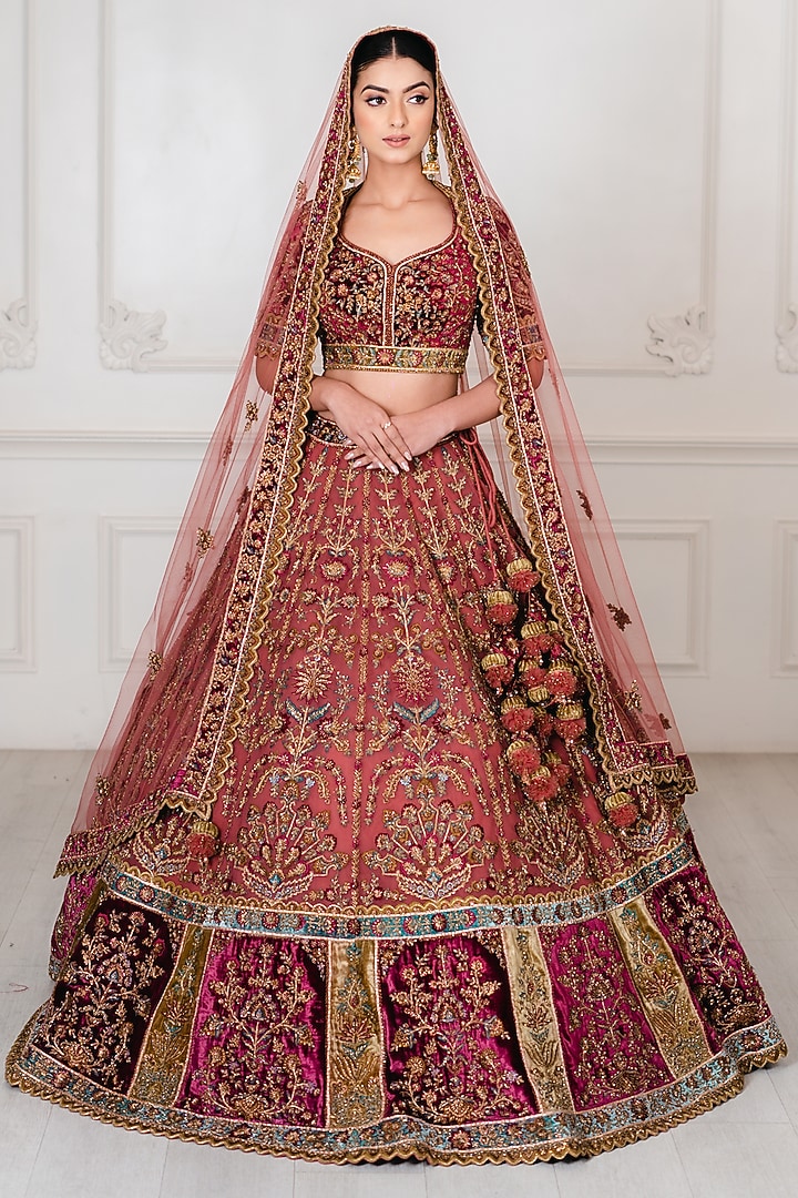 Antique Pink & Wine Net Zardosi Embroidered Bridal Lehenga Set by Tanaksh at Pernia's Pop Up Shop