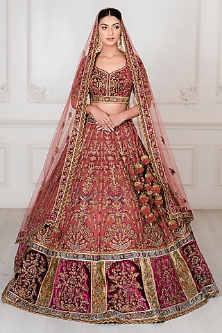 Antique Pink & Wine Net Zardosi Embroidered Lehenga Set by Tanaksh
