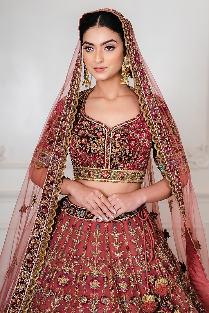 Antique Pink & Wine Net Zardosi Embroidered Bridal Lehenga Set by Tanaksh at Pernia's Pop Up Shop