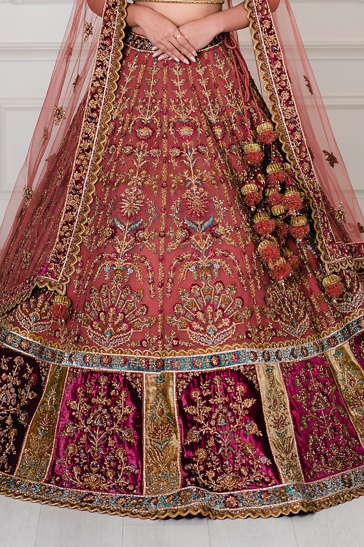 Antique Pink & Wine Net Zardosi Embroidered Bridal Lehenga Set by Tanaksh at Pernia's Pop Up Shop