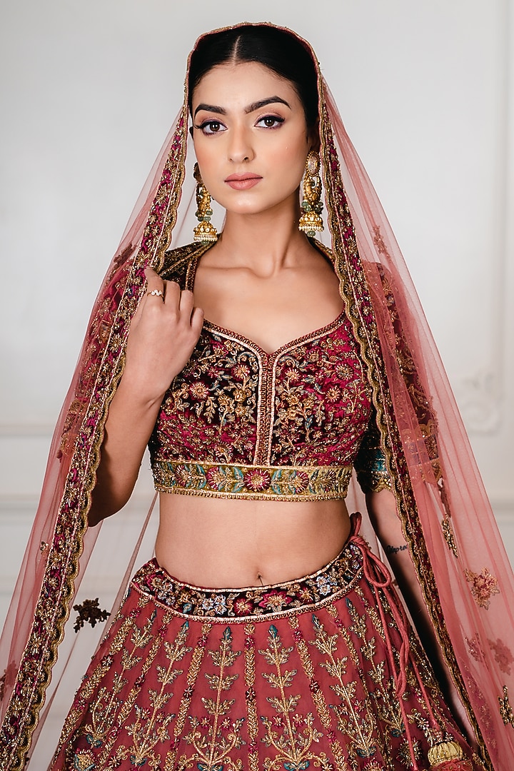 Antique Pink & Wine Net Zardosi Embroidered Bridal Lehenga Set by Tanaksh at Pernia's Pop Up Shop