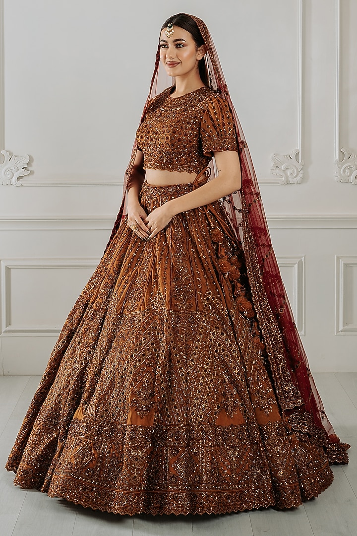 Mustard Silk Resham & Sequins Embroidered Bridal Lehenga Set by Tanaksh at Pernia's Pop Up Shop