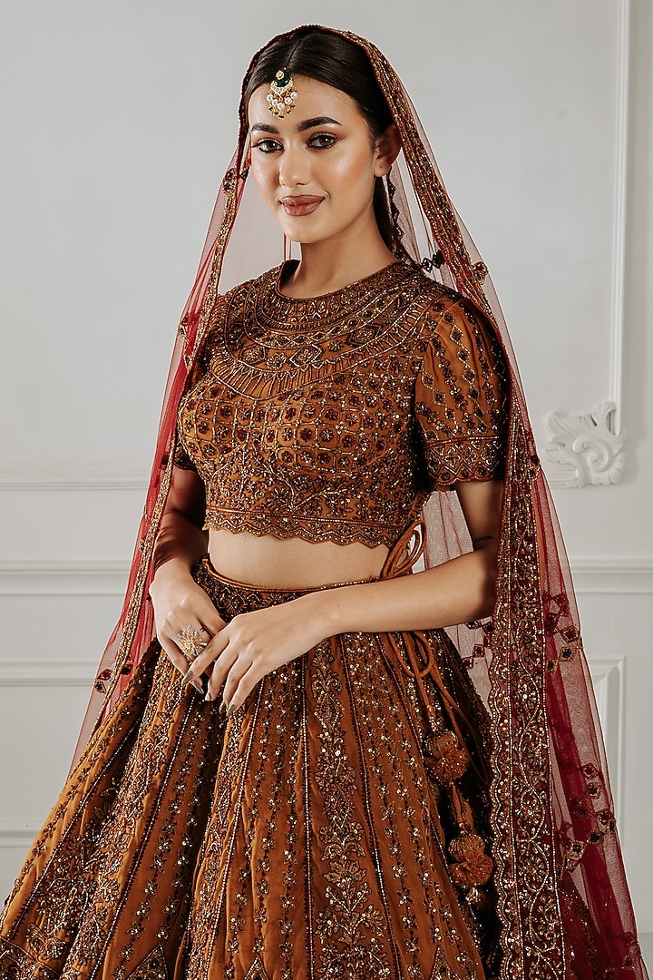 Mustard Silk Resham & Sequins Embroidered Bridal Lehenga Set by Tanaksh at Pernia's Pop Up Shop