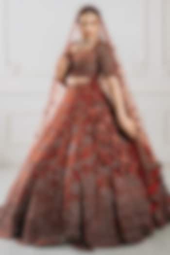 Copper Rose Velvet Dori & Sequins Embroidered Bridal Lehenga Set by Tanaksh at Pernia's Pop Up Shop