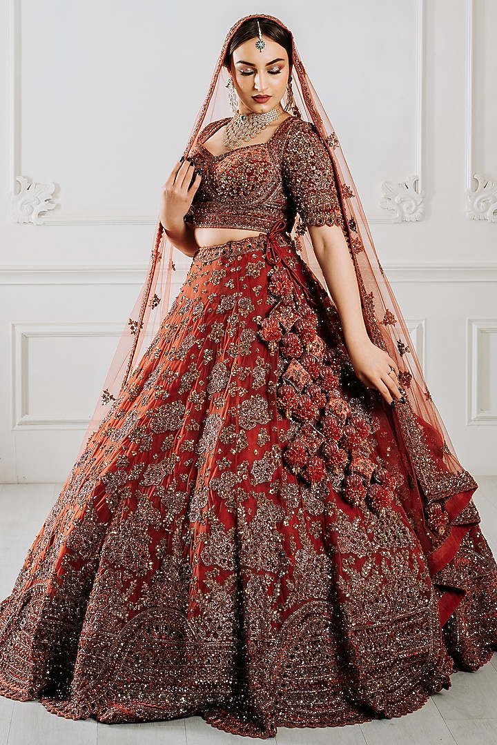 Copper Rose Velvet Dori & Sequins Embroidered Bridal Lehenga Set by Tanaksh at Pernia's Pop Up Shop