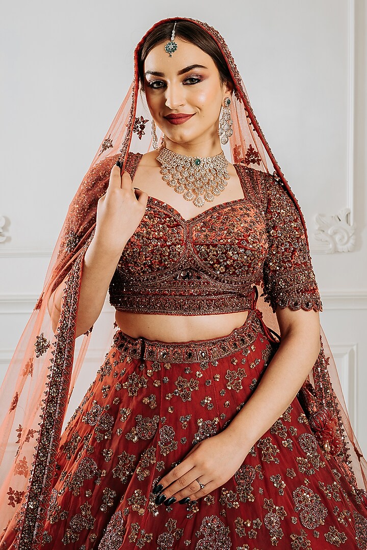 Copper Rose Velvet Dori & Sequins Embroidered Bridal Lehenga Set by Tanaksh at Pernia's Pop Up Shop