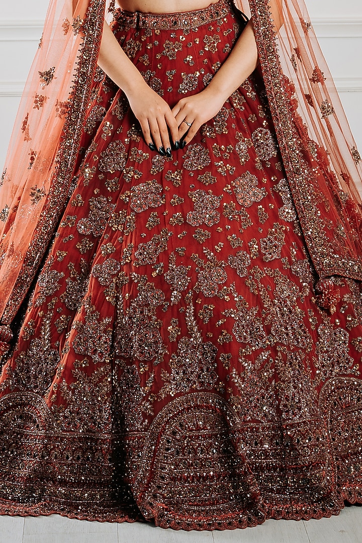 Copper Rose Velvet Dori & Sequins Embroidered Bridal Lehenga Set by Tanaksh at Pernia's Pop Up Shop