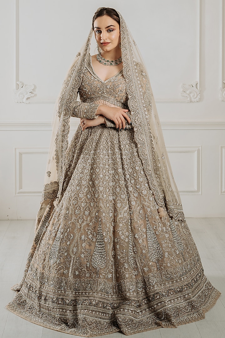 Champagne Net Resham & Cutdana Embroidered Bridal Lehenga Set by Tanaksh at Pernia's Pop Up Shop