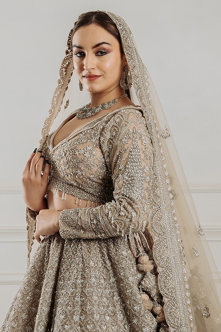 Champagne Net Resham & Cutdana Embroidered Bridal Lehenga Set by Tanaksh at Pernia's Pop Up Shop