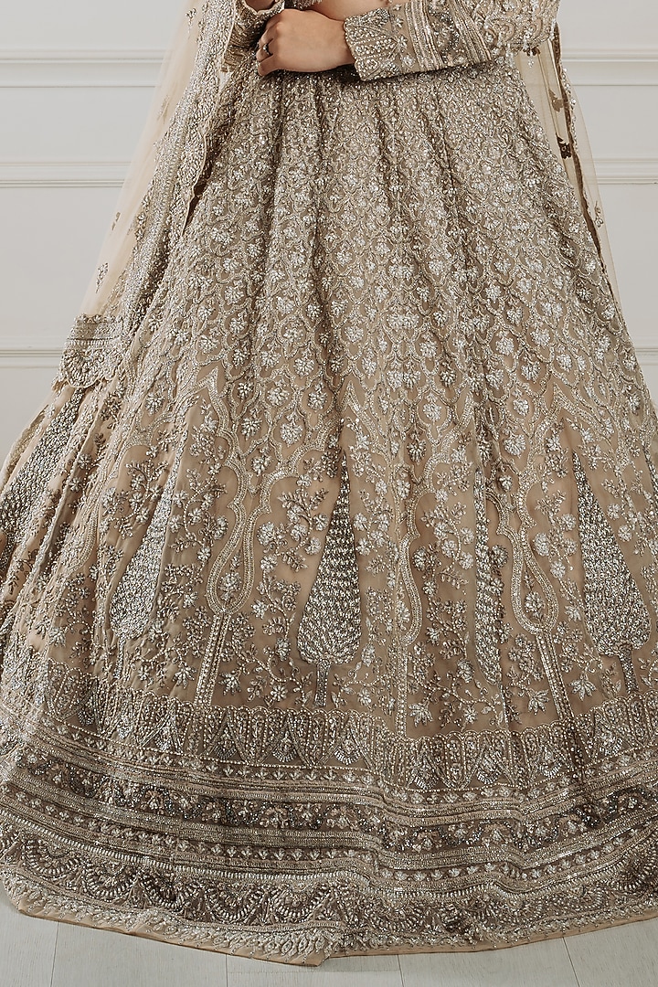 Champagne Net Resham & Cutdana Embroidered Bridal Lehenga Set by Tanaksh at Pernia's Pop Up Shop