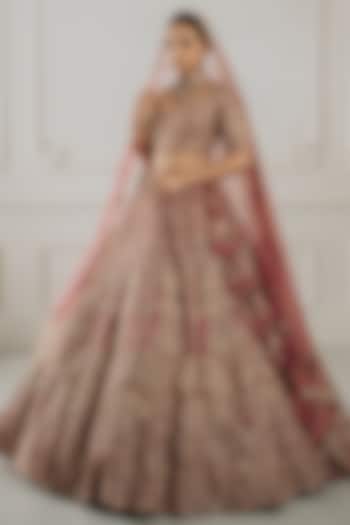 Persian Pink Net Sequins & Beads Embroidered Bridal Lehenga Set by Tanaksh at Pernia's Pop Up Shop