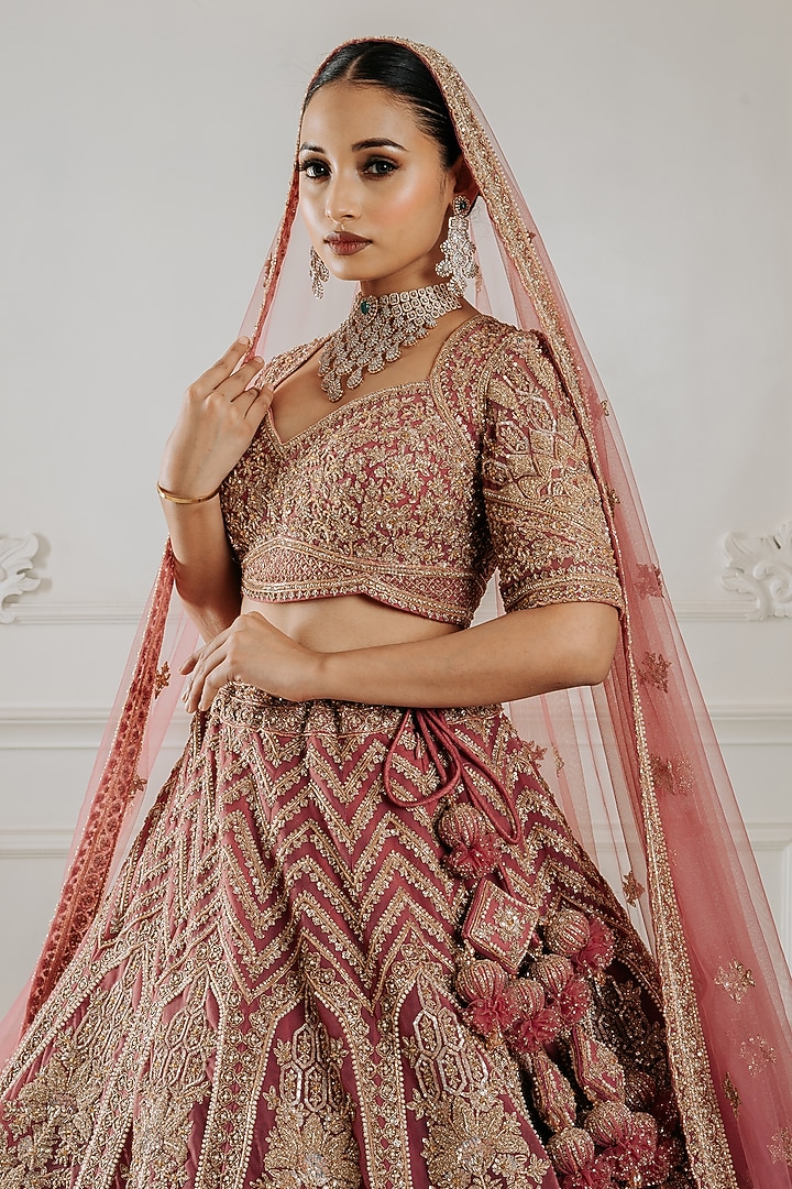 Persian Pink Net Sequins & Beads Embroidered Bridal Lehenga Set by Tanaksh at Pernia's Pop Up Shop