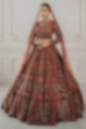 Mauve Net Sequins & Beads Embroidered Bridal Lehenga Set by Tanaksh at Pernia's Pop Up Shop