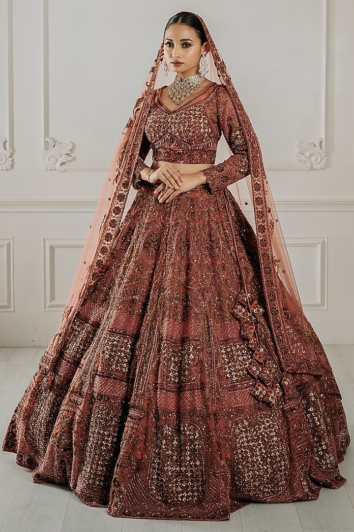 Mauve Net Sequins & Beads Embroidered Bridal Lehenga Set by Tanaksh at Pernia's Pop Up Shop