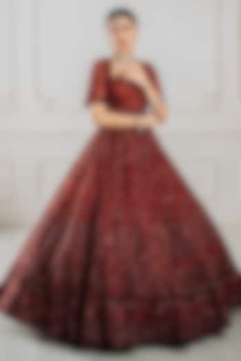 Maroon Net Sequins & Dori Embroidered Wedding Lehenga Set by Tanaksh at Pernia's Pop Up Shop