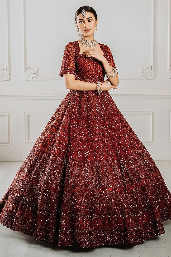 Maroon Net Sequins & Dori Embroidered Wedding Lehenga Set by Tanaksh at Pernia's Pop Up Shop
