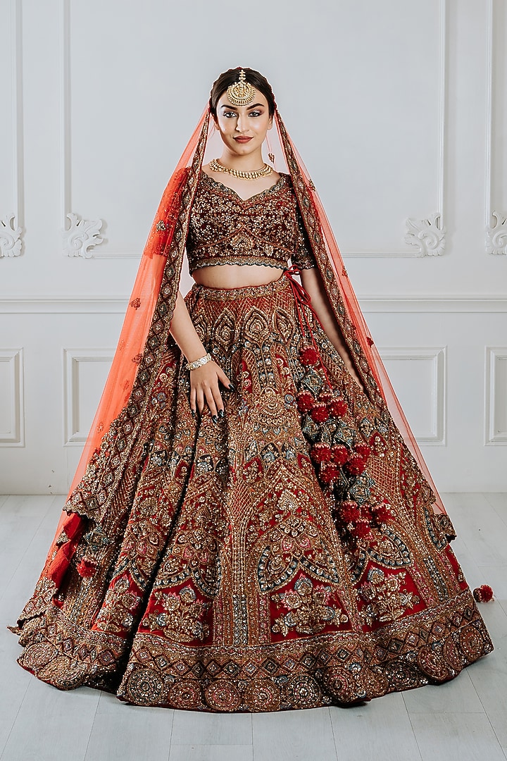 Red Net Zardosi & Sequins Embroidered Bridal Lehenga Set by Tanaksh at Pernia's Pop Up Shop