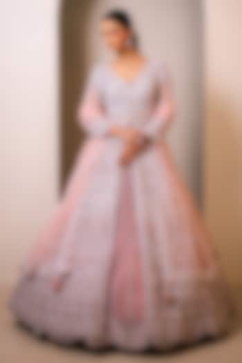 Pink Net Crystal Embellished Bridal Lehenga Set by Tanaksh at Pernia's Pop Up Shop