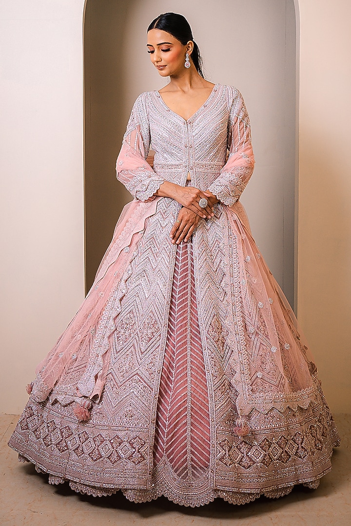 Pink Net Crystal Embellished Bridal Lehenga Set by Tanaksh at Pernia's Pop Up Shop