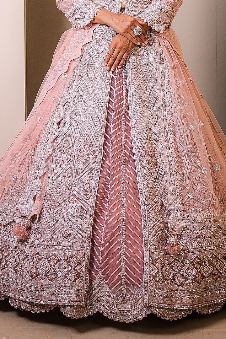 Pink Net Crystal Embellished Bridal Lehenga Set by Tanaksh at Pernia's Pop Up Shop