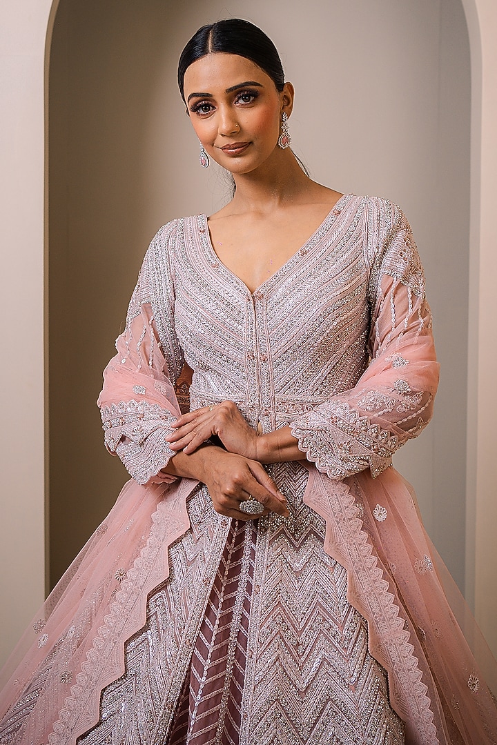Pink Net Crystal Embellished Bridal Lehenga Set by Tanaksh at Pernia's Pop Up Shop
