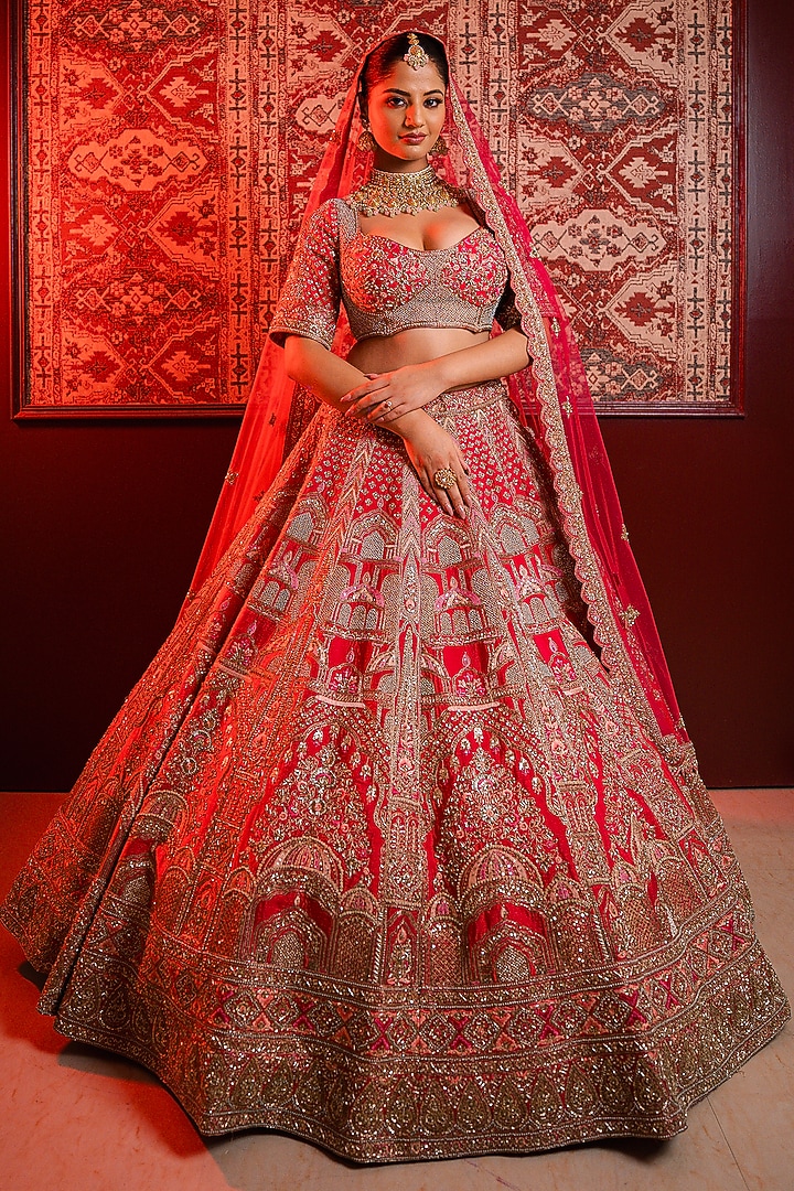 Pink Silk Dabka & Sequins Embroidered Bridal Lehenga Set by Tanaksh at Pernia's Pop Up Shop