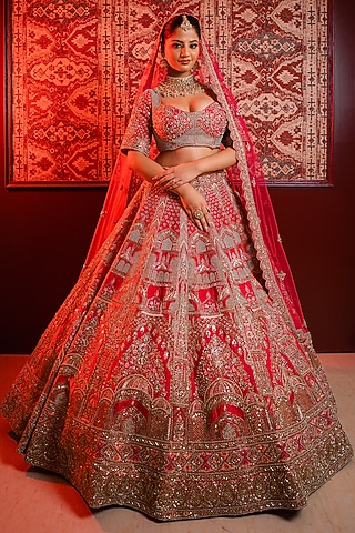 Pink Silk Dabka & Sequins Embroidered Lehenga Set by Tanaksh