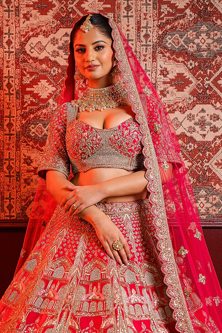 Pink Silk Dabka & Sequins Embroidered Bridal Lehenga Set by Tanaksh at Pernia's Pop Up Shop