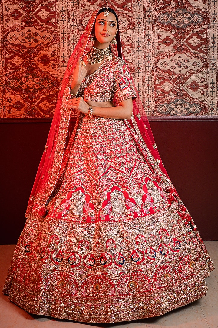 Pink Silk Dabka & Resham Embroidered Bridal Lehenga Set by Tanaksh at Pernia's Pop Up Shop