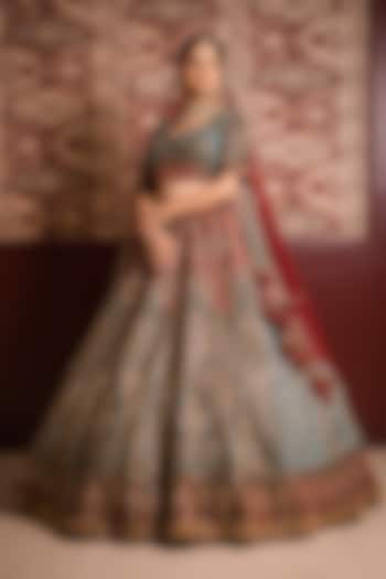 Teal & Maroon Velvet Cutdana Embroidered Bridal Lehenga Set by Tanaksh at Pernia's Pop Up Shop