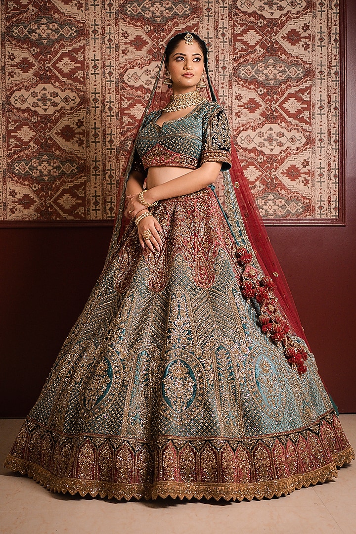 Teal & Maroon Velvet Cutdana Embroidered Bridal Lehenga Set by Tanaksh at Pernia's Pop Up Shop