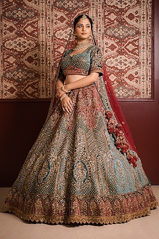 Teal & Maroon Velvet Cutdana Embroidered Lehenga Set by Tanaksh
