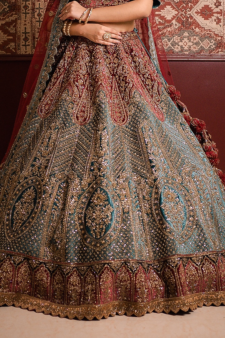 Teal & Maroon Velvet Cutdana Embroidered Bridal Lehenga Set by Tanaksh at Pernia's Pop Up Shop