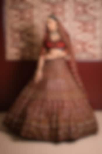Maroon Velvet Cutdana & Beads Embroidered Bridal Lehenga Set by Tanaksh at Pernia's Pop Up Shop