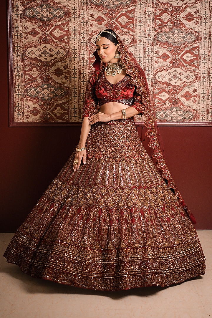 Maroon Velvet Cutdana & Beads Embroidered Bridal Lehenga Set by Tanaksh at Pernia's Pop Up Shop